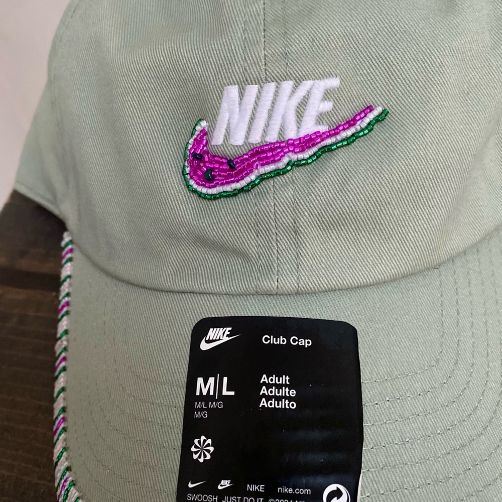 Nike Green Cap with Hand Embroidered Beaded Logo & Brim